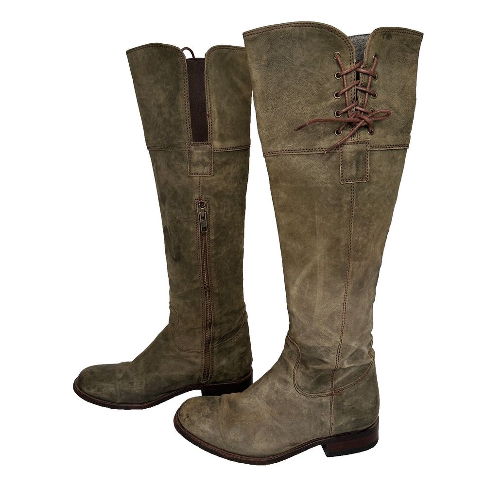 Sendra Boots 6.5 Womens Green Leather Side Zip Riding Styled Knee High Boho